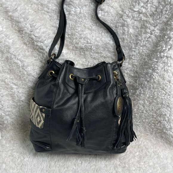 Born leather black shoulder bag drawstring tassels accent side pockets - Picture 4 of 12